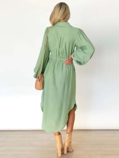 Load image into Gallery viewer, Drawstring Button Up Balloon Sleeve Dress
