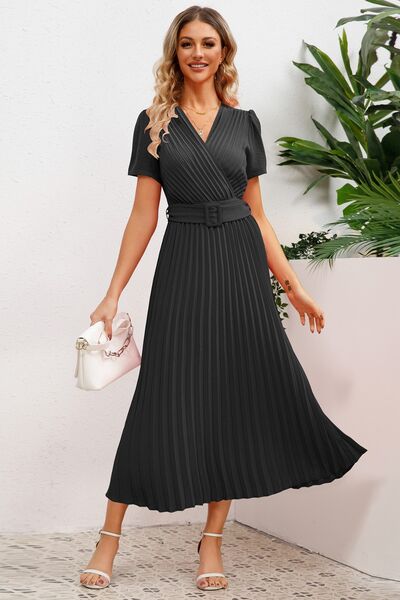 Load image into Gallery viewer, Pleated Surplice Short Sleeve Midi Dress
