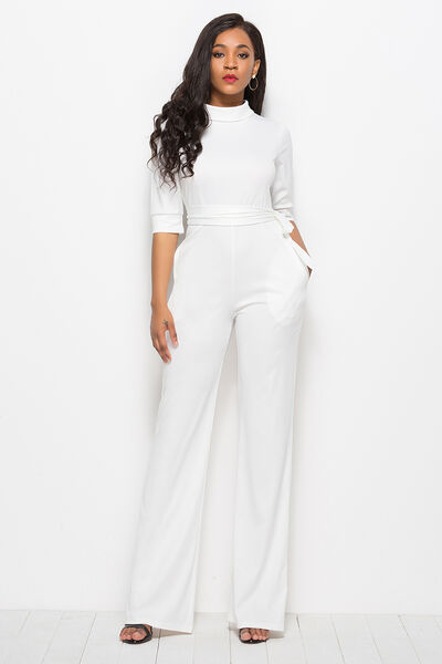 Load image into Gallery viewer, Mock Neck Tie-Waist Half Sleeve Jumpsuit
