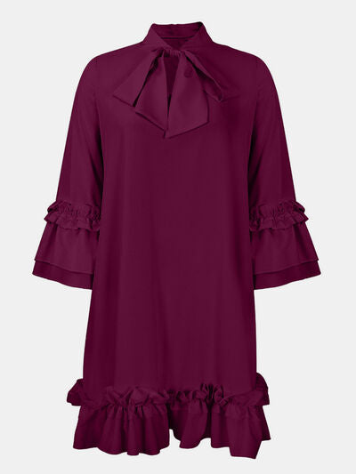 Load image into Gallery viewer, Frill Tie Neck Three-Quarter Sleeve Dress
