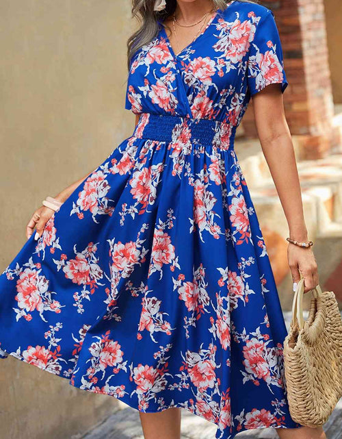 Load image into Gallery viewer, Elastic Waist V Neck Floral Print Midi Dress
