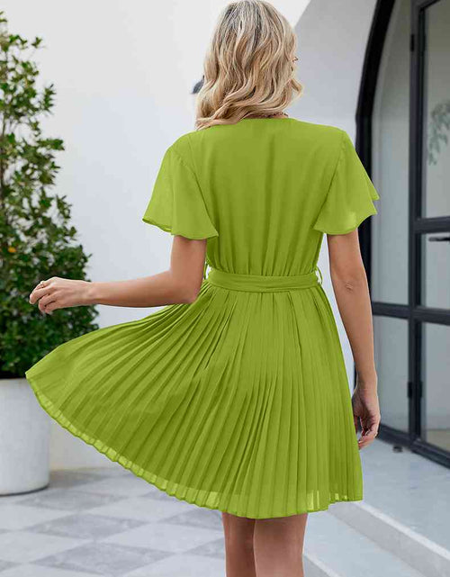 Load image into Gallery viewer, Surplice Neck Tie Waist Flutter Sleeve Pleated Dress
