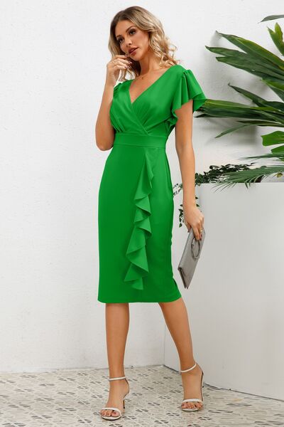 Load image into Gallery viewer, Ruffled Slit Surplice Cap Sleeve Dress
