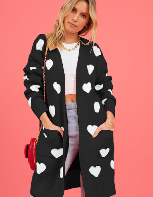 Load image into Gallery viewer, Heart Graphic Open Front Cardigan with Pockets
