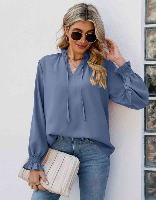 Load image into Gallery viewer, Tie Neck Flounce Sleeve Blouse
