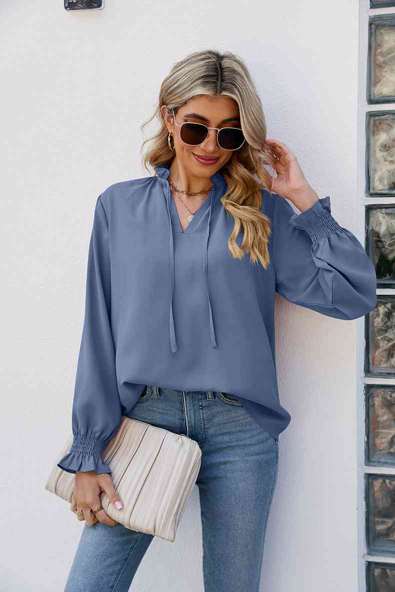 Tie Neck Flounce Sleeve Blouse