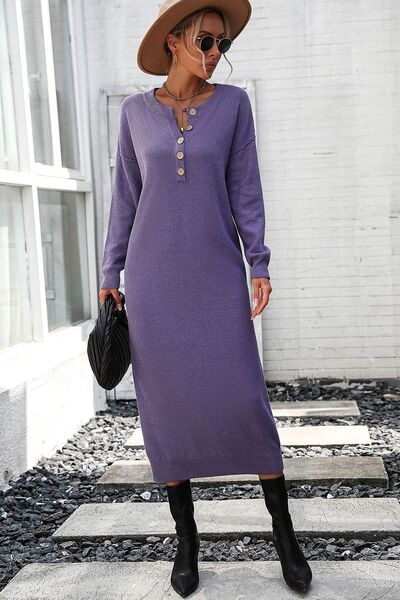 Load image into Gallery viewer, Decorative Button Notched Dropped Shoulder Sweater Dress
