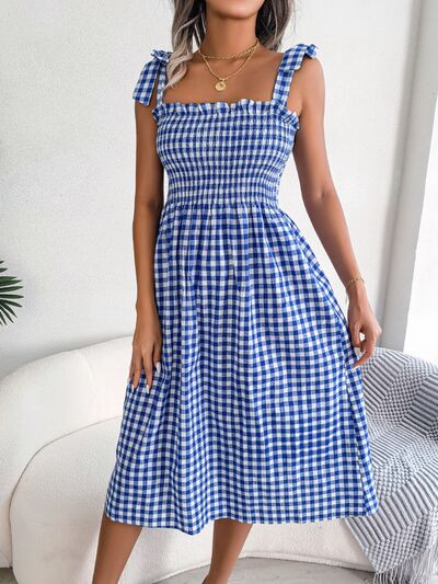 Load image into Gallery viewer, Frill Plaid Square Neck Midi Dress
