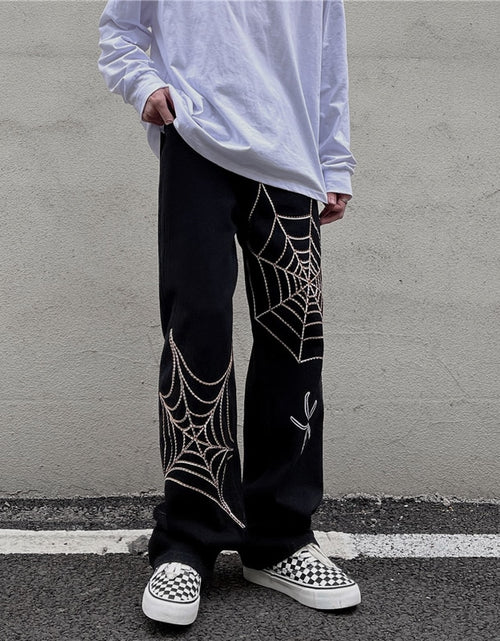 Load image into Gallery viewer, Men&#39;s Black Streetwear Spider Web Pants
