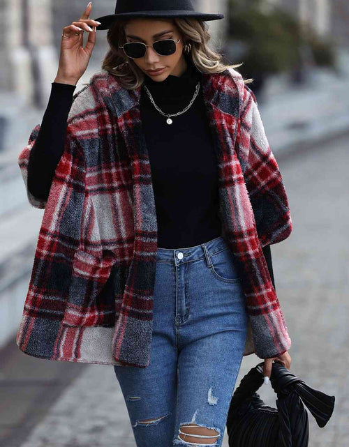 Load image into Gallery viewer, Plaid Hooded Coat with Pockets
