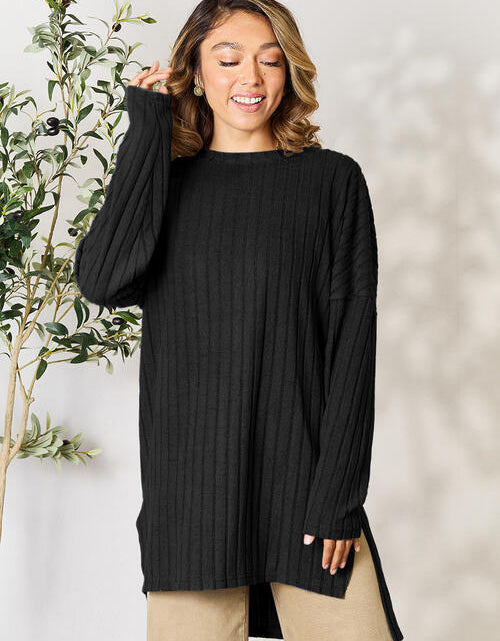 Load image into Gallery viewer, Basic Bae Full Size Ribbed Round Neck Long Sleeve Slit Top
