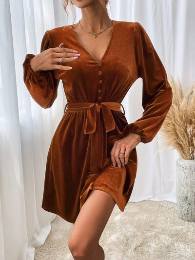 Load image into Gallery viewer, V-Neck Tie Waist Mini Dress
