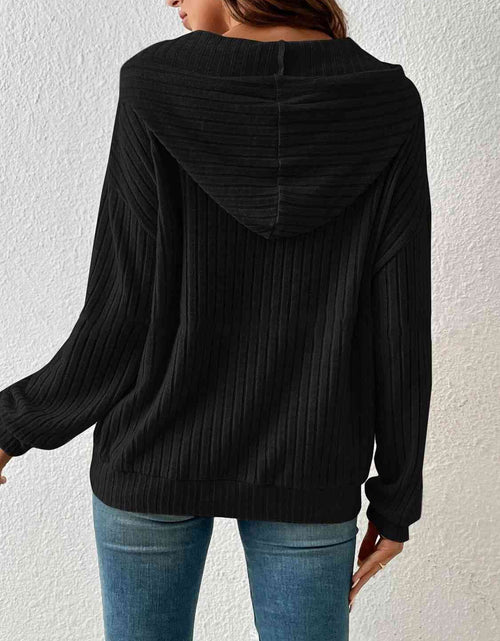 Load image into Gallery viewer, Ribbed Dropped Shoulder Drawstring Hoodie
