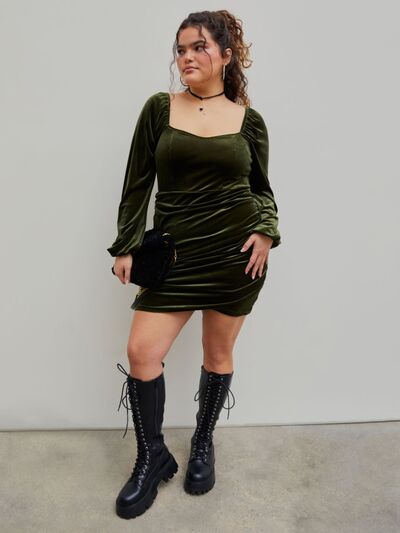 Load image into Gallery viewer, Plus Size Ruched Square Neck Balloon Sleeve Wrap Dress
