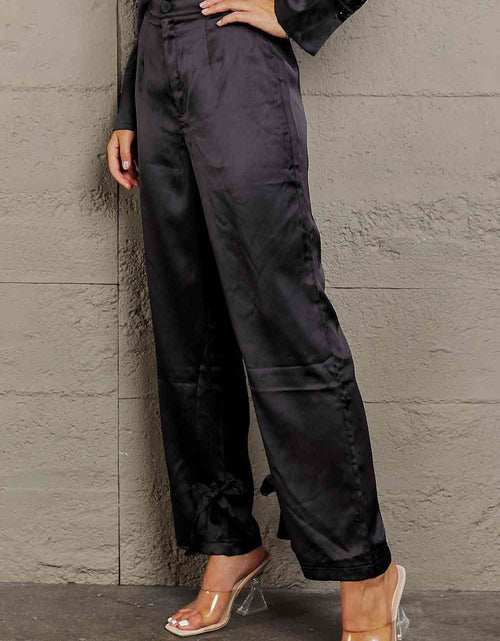 Load image into Gallery viewer, Long Sleeve Cropped Blouse and Tie Detail Long Pants Set
