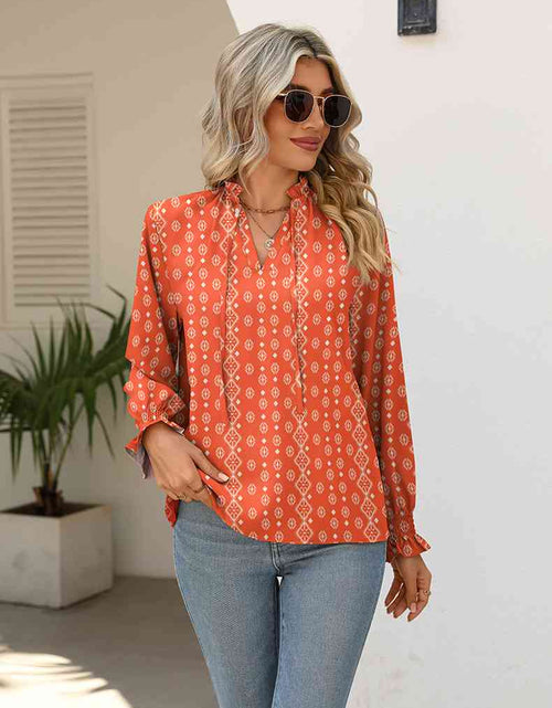 Load image into Gallery viewer, Printed Tie Neck Flounce Sleeve Blouse
