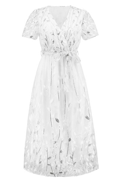 Load image into Gallery viewer, Sequin Leaf Embroidery Tie Front Short Sleeve Dress
