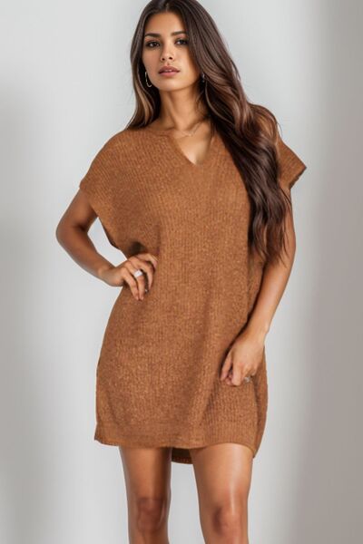 Load image into Gallery viewer, Notched Cap Sleeve Mini Sweater Dress
