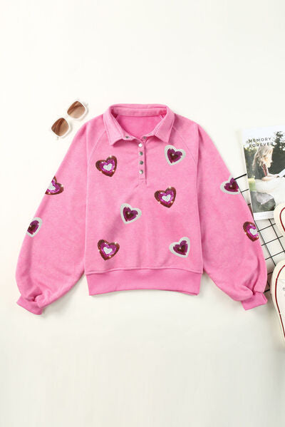 Load image into Gallery viewer, Heart Sequin Half Snap Mineral Wash Sweatshirt
