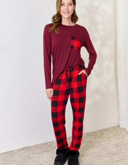 Load image into Gallery viewer, Zenana Full Size Plaid Round Neck Top and Pants Pajama Set
