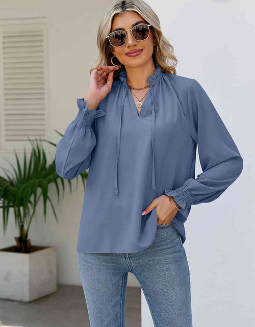 Load image into Gallery viewer, Tie Neck Flounce Sleeve Blouse
