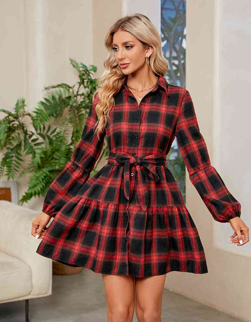 Load image into Gallery viewer, Plaid Print Tie Waist Collared Neck Shirt Dress
