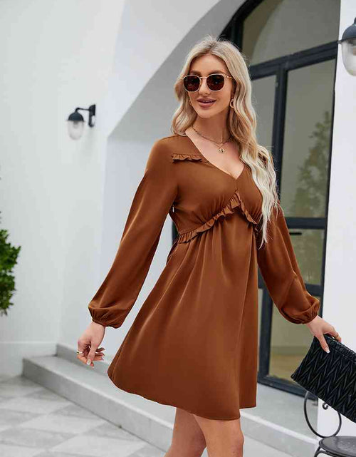 Load image into Gallery viewer, Frill Trim V-Neck Long Sleeve Dress
