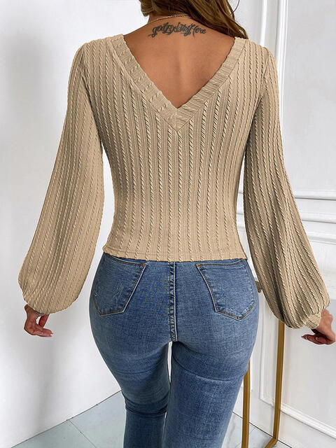 Load image into Gallery viewer, Ribbed V-Neck Lantern Sleeve Top
