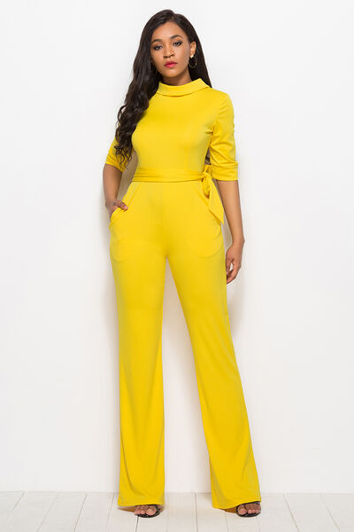 Load image into Gallery viewer, Mock Neck Tie-Waist Half Sleeve Jumpsuit
