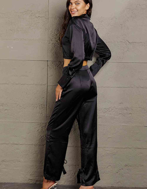 Load image into Gallery viewer, Long Sleeve Cropped Blouse and Tie Detail Long Pants Set
