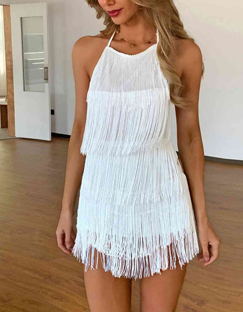 Load image into Gallery viewer, Fringed Halter Neck Tied Back Mini Dress
