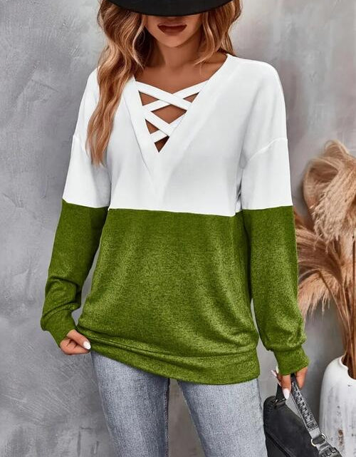 Load image into Gallery viewer, Contrast Crisscross V-Neck Long Sleeve Top
