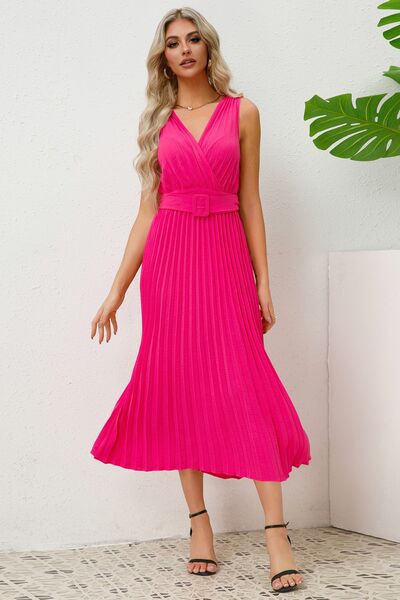 Load image into Gallery viewer, Surplice Sleeveless Midi Pleated Dress
