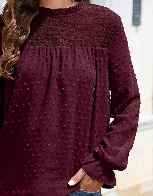 Load image into Gallery viewer, Smocked Mock Neck Swiss Dot Top
