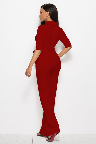 Load image into Gallery viewer, Mock Neck Tie-Waist Half Sleeve Jumpsuit
