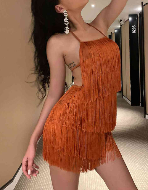 Load image into Gallery viewer, Fringed Halter Neck Tied Back Mini Dress
