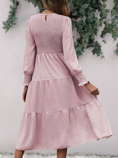 Load image into Gallery viewer, Smocked Round Neck Long Sleeve Midi Dress
