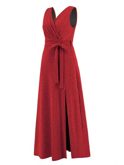 Load image into Gallery viewer, Slit Surplice Tie Waist Sleeveless Dress
