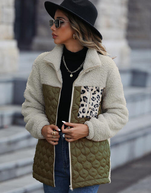 Load image into Gallery viewer, Leopard Color Block Zip-Up Jacket
