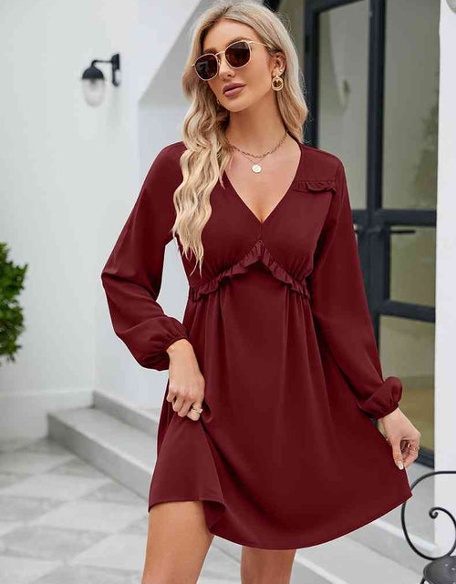 Load image into Gallery viewer, Frill Trim V-Neck Long Sleeve Dress
