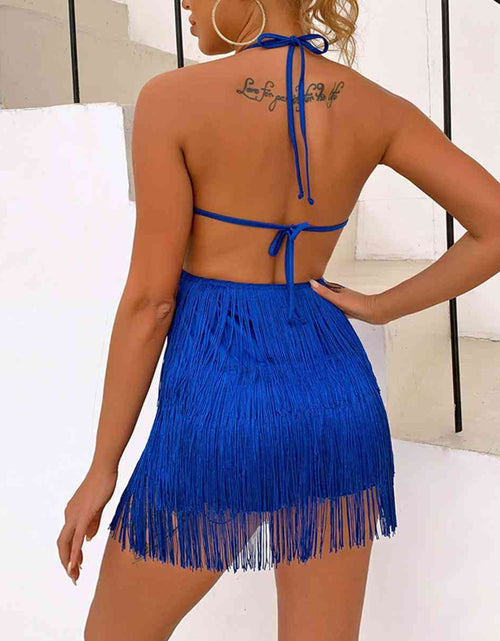 Load image into Gallery viewer, Fringed Halter Neck Tied Back Mini Dress
