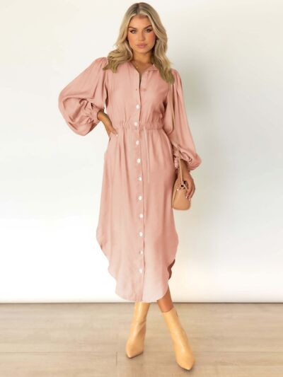 Load image into Gallery viewer, Drawstring Button Up Balloon Sleeve Dress
