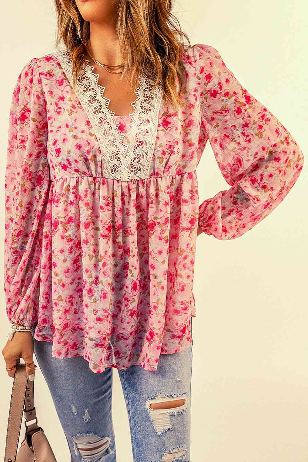 Floral Lace Trim Balloon Sleeve Blouse