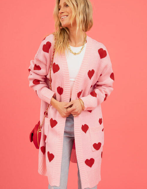 Load image into Gallery viewer, Heart Graphic Open Front Cardigan with Pockets
