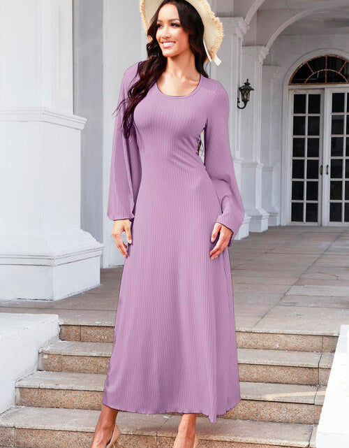 Load image into Gallery viewer, Tie Back Ribbed Round Neck Long Sleeve Dress
