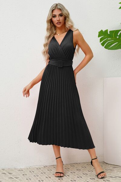 Load image into Gallery viewer, Surplice Sleeveless Midi Pleated Dress
