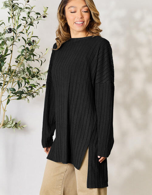 Load image into Gallery viewer, Basic Bae Full Size Ribbed Round Neck Long Sleeve Slit Top
