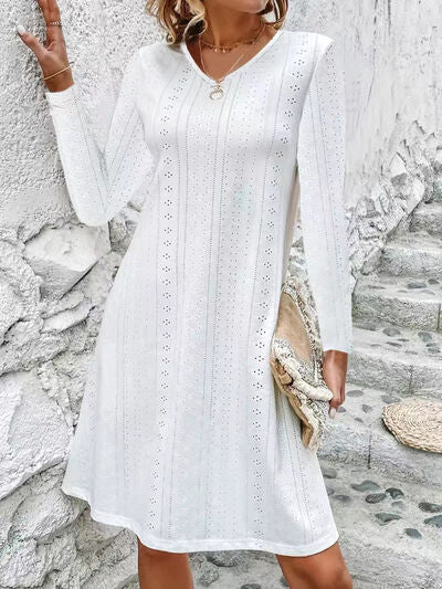 Load image into Gallery viewer, Eyelet V-Neck Long Sleeve Mini Dress
