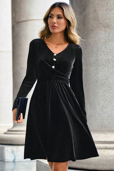 Load image into Gallery viewer, Ruched Decorative Button V-Neck Long Sleeve Dress
