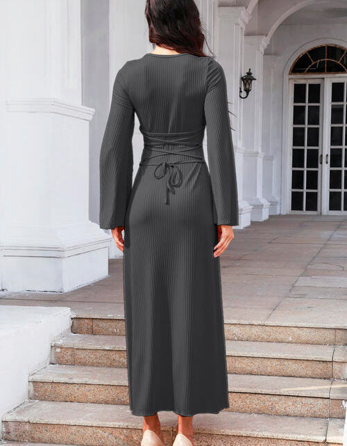 Load image into Gallery viewer, Tie Back Ribbed Round Neck Long Sleeve Dress
